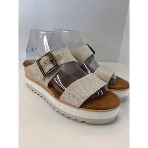 TOMS Monica Espadrille Platform Sandals Oatmeal Linen Wedge Slides US 7.5